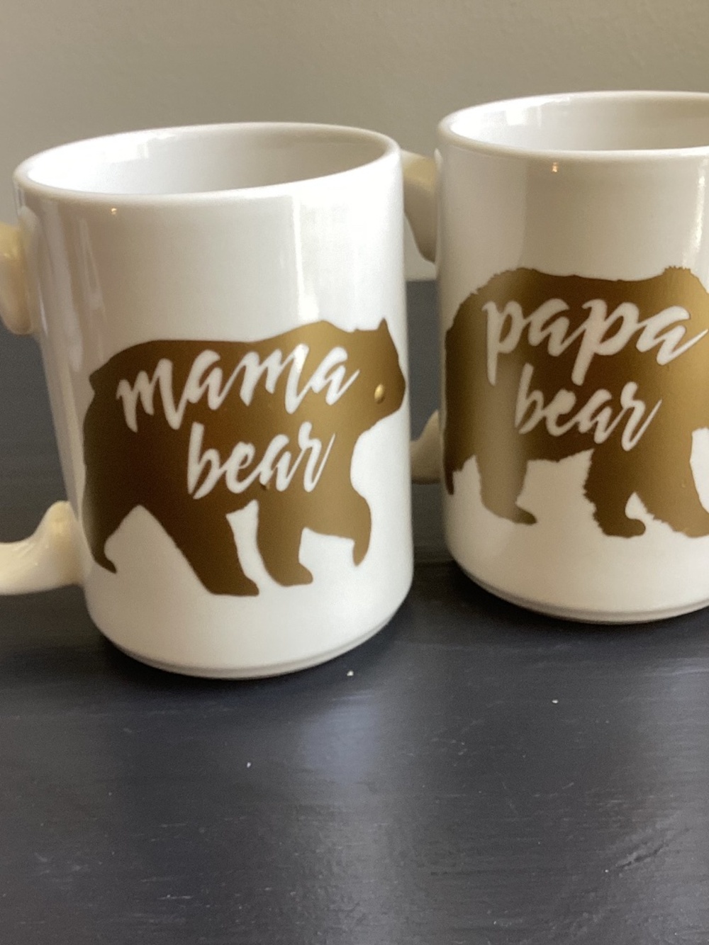 Set of 2 MAMA BEAR and PAPA BEAR White and Gold Ceramic Coffee Mugs 12oz